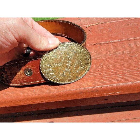 Vintage Kirkpatrick Brown Basket Weave Leather Belt Size 34, Buckle, Shooting - Picture 2 of 12